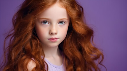 Portrait of a gorgeous cute smiling beautiful baby girl with red hair and perfect skin, purple background, banner.