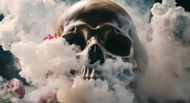 skull with flowers emerging from a cloud of smoke on black background