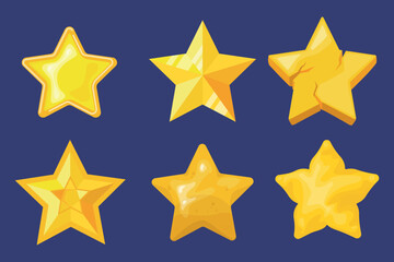 Set of shiny, yellow stars in cartoon style. Vector illustration of star symbols of different shapes, with sharp corners, soft ones isolated on a dark blue background. Star rating. Geometric shape.