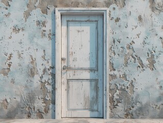 A blue door on a worn-out wall with peeling paint, great for use in renovation or home decor themes