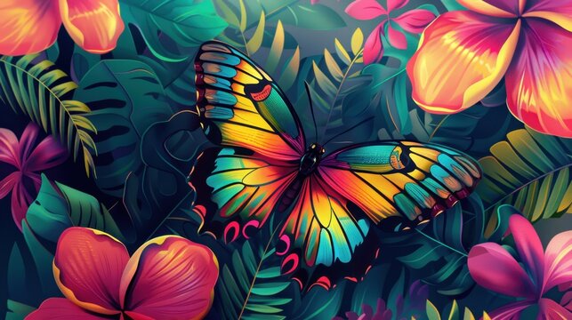 Illustration of open colorful exotic batterfly over flowers