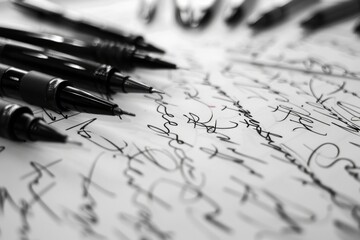A collection of writing utensils sitting on top of a blank sheet of paper