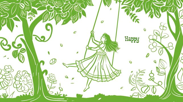 illsuatrtion of indian festival hariyali teej means green teej .woman enjoy the festival with swing in monsoon on beautiful landscape backdrop..