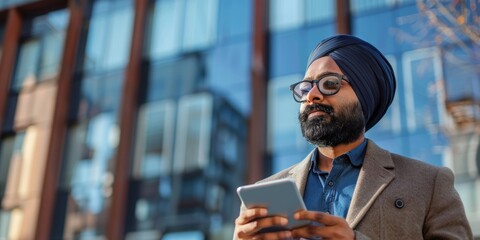 A person wearing a turban is focused on their cell phone, possibly checking messages or making a call
