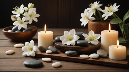 Fototapeta premium Tranquil spa scene with lit candles, smooth stones, and delicate white flowers on a wooden surface, creating a peaceful and calming ambiance.
