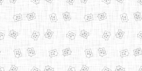White neutral minimal house motif with Linen effect texture for baby nursery seamless background. Modern muted simple soft motif pattern for wallpaper , home decor white gray design. 