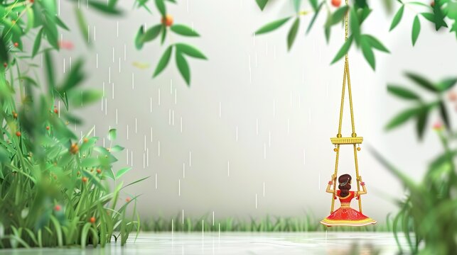 illsuatrtion of indian festival hariyali teej means green teej .woman enjoy the festival with swing in monsoon on beautiful landscape backdrop..