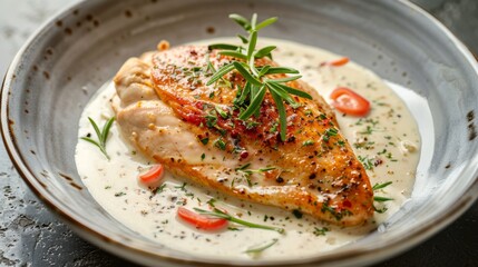 French cuisine. Chicken with riesling and cream. 