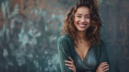 Fototapeta premium A Beautiful Woman Smiling With Her Arms Crossed, Exuding Warmth And Confidence