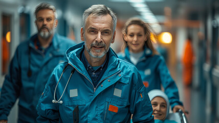Fototapeta premium friendly orderlies dressed in blue medical clothes are pushing a stretcher with a smiling middle aged patient in a hospital.generative ai