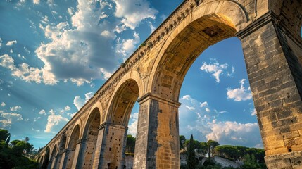 Fototapeta premium A stone bridge with arches against a clear blue sky, great for backgrounds or architectural shots