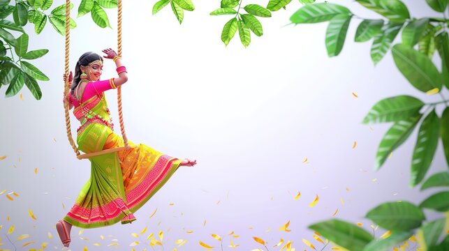 illsuatrtion of indian festival hariyali teej means green teej .woman enjoy the festival with swing in monsoon on beautiful landscape backdrop..