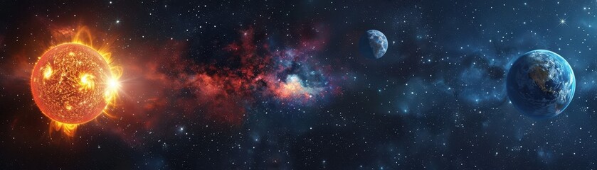 Obraz premium In the vast expanse of space the sun moon and Earth 