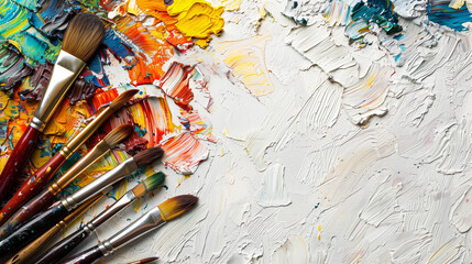 Fototapeta premium Artists' brushes on colorful oil paint palette.