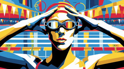Colorful illustration of a swimmer adjusting goggles.