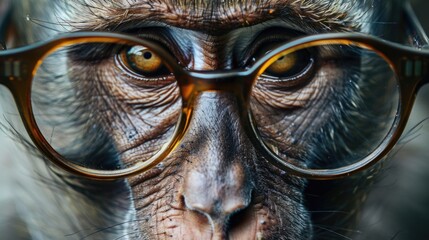 A detailed view of a monkey wearing glasses, perfect for representing intelligence or cleverness in an image
