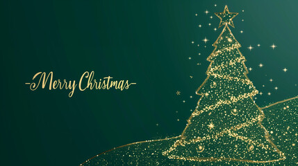 copy space, luxury happy merry christmas card with golden glitter line drawing of an elegant christmas tree, green background, text " Merry Christmas". Christmas greeting card, elegant, expensive desi