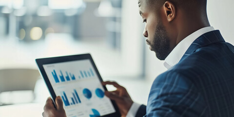 A dark-skinned Businessman explores business analytics on a tablet in a bright office, envisioning the integration of digital tools into modern business practices