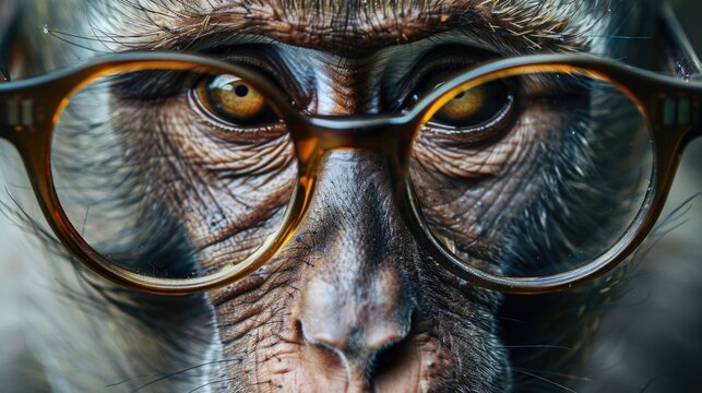 A detailed view of a monkey wearing glasses, perfect for representing intelligence or cleverness in an image