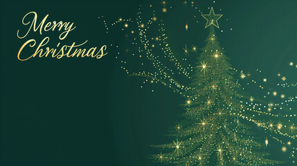 copy space, luxury happy merry christmas card with golden glitter line drawing of an elegant christmas tree, green background, text " Merry Christmas". Christmas greeting card, elegant, expensive desi
