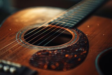 Fototapeta premium Acoustic guitar soundboard and neck close-up