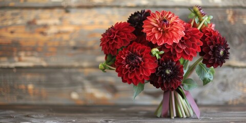 Rustic bouquet of blooming red dahlias on wooden background, showcasing natural beauty during vibrant autumn season, symbolizing love and elegance. Copy space © BrightWhite