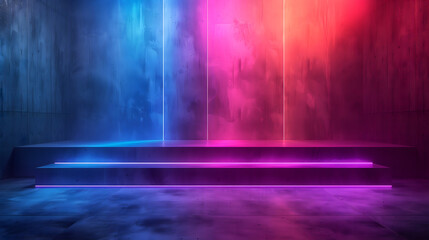 Escenario vacío con luces de neón en ambiente futurista