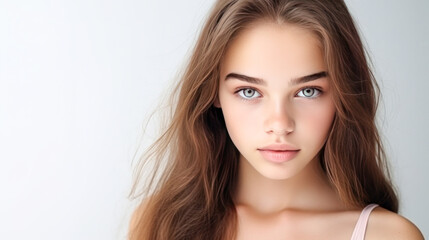 Obraz premium Portrait of a chic cute beautiful baby girl with perfect skin, white background, banner.