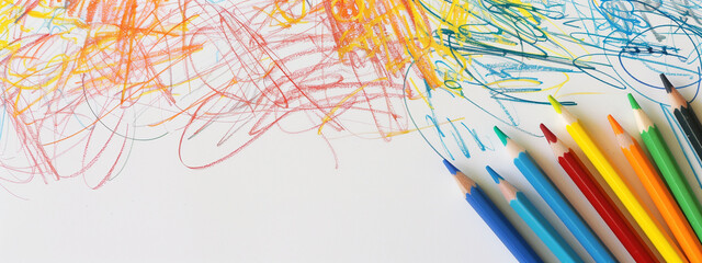 Fototapeta premium Back to school. Paper with colorful scribble, energetic strokes and vivid hues conveying a profound sense of artistic freedom. Pens in various colors. White background..