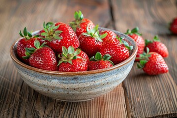 Fresh ripe strawberries in a bowl on a wooden table