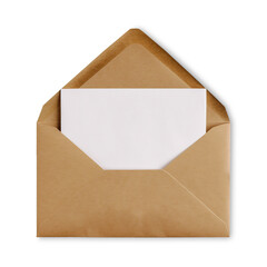 A simple brown envelope with white paper or card inside. Transparent png, add your own background. Faint shadow for 3d effect,