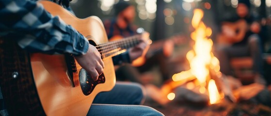 Closeup of friends strumming guitars by a glowing campfire, evening setting, warm tones capturing the essence of campfire music and camaraderie