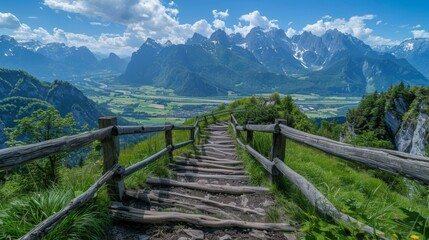 Stunning mountain trail with wooden fences leading through lush green valley toward majestic peaks under bright blue sky.