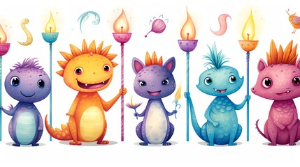 Naklejka premium Five cute cartoon monsters holding candles on sticks.