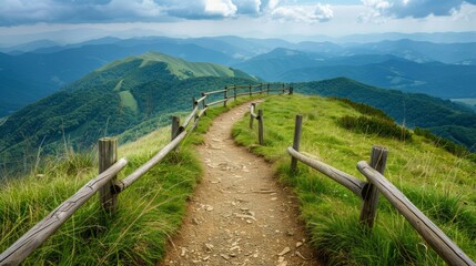 Picturesque mountain path with wooden fence leading over green hills under partly cloudy sky, ideal for hiking enthusiasts.