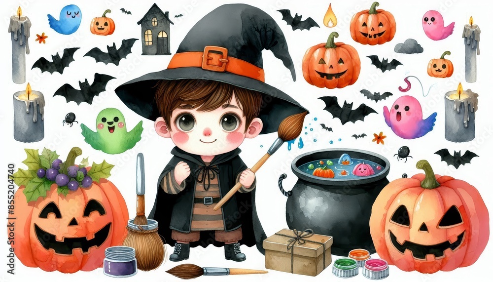 Wall mural Cute Halloween Witch Boy Watercolor Illustration - A watercolor illustration of a boy dressed as a witch for Halloween, surrounded by pumpkins, bats, ghosts, and other Halloween elements.