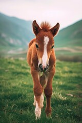 Obraz premium A brown and white horse stands proudly on a lush green field, great for country or nature-themed projects