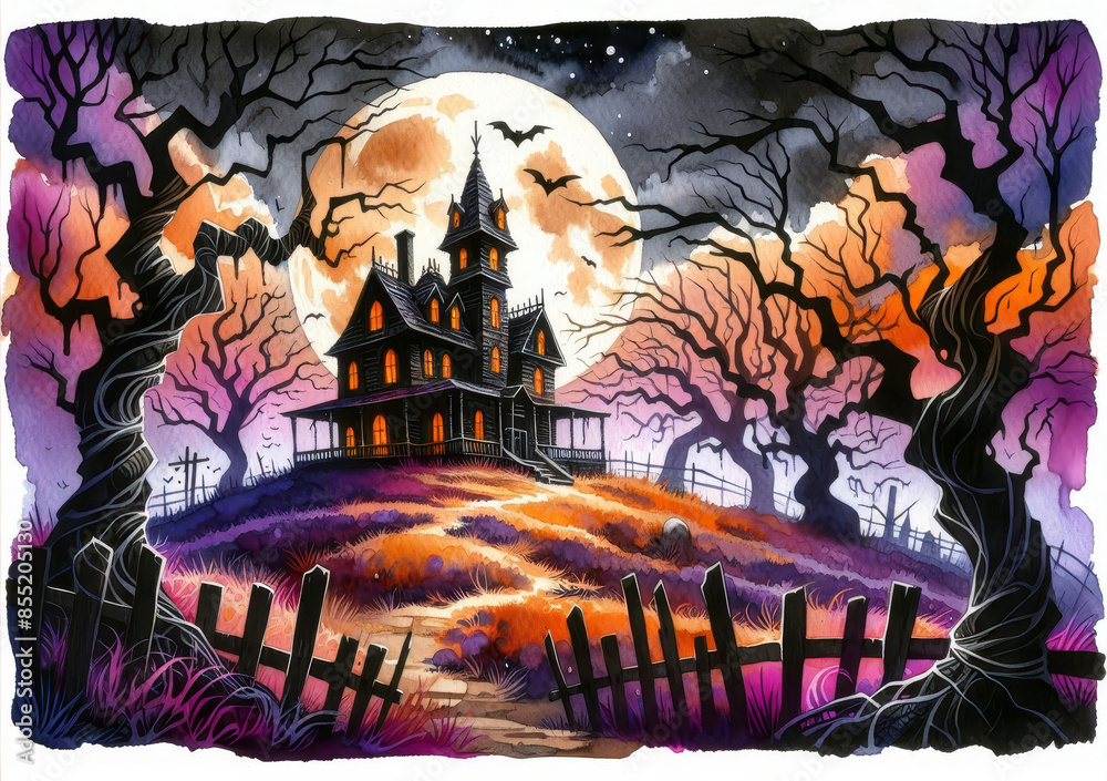 Sticker Haunted House on a Hill Under a Full Moon - A spooky, Victorian-style house sits on a hilltop overlooking a dark forest under a full moon.