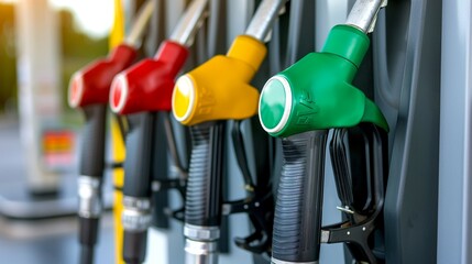 Gas station fuel pumps with nozzles in red, yellow, green, and black, emphasizing fuel variety, detailed view, vibrant colors, modern gas station equipment