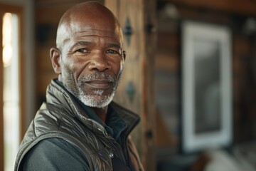 Obraz premium A close-up portrait of a mature, African-American man with a grey beard looking directly at the camera. He is wearing a dark vest over a long-sleeved shirt and is standing in a wooden cabin setting
