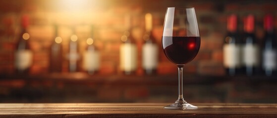 Elegant glass of red wine on a rustic wooden table, with blurred wine bottles and a cozy brick wall background, warm ambient lighting, intimate setting