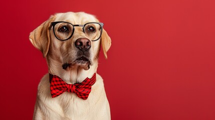 Stylish Labrador Retriever wearing glasses and bow tie. Cute dog posing against a red background with a serious face. Perfect for humorous and pet-related content in modern designs. AI
