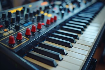 Synthesizer midi keyboard close-up. Audio equipment for musicians