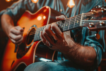 Fototapeta premium Musician playing acoustic guitar close-up