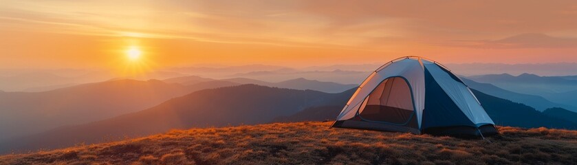 Obraz premium Camping tent set up on a hill at dawn, illuminated by the rising sun, overlooking misty mountains, capturing outdoor serenity and beauty, golden morning light