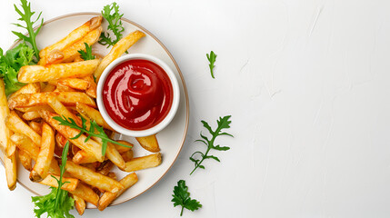 French fries with greens in a plate with ketchup