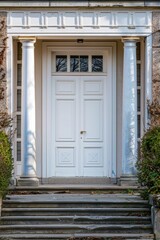 A close-up of a white front door with steps leading up to it