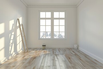 Fototapeta premium An empty room with two ladders leaning against the white walls, a large window letting in natural light, and a wooden floor