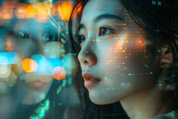 Naklejka premium Asian woman digital entrepreneur and GUI Graphical User Interface