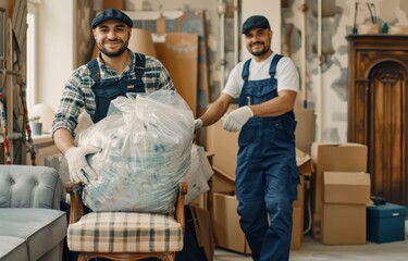 Two men dressed in work uniforms carry a large bag of trash while moving furniture and boxes from a home